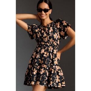 Anthropologie Somerset Mini Dress Black Neutral Floral Smocked Tiered Standard